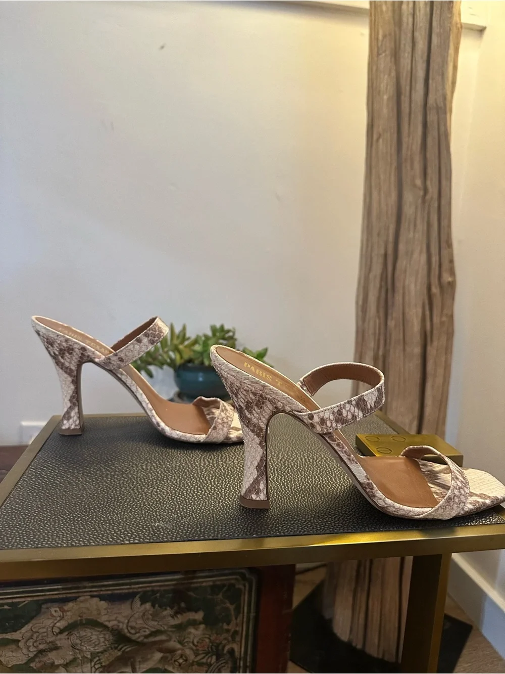 Paris Texas Snake-Print Square-Toe Heeled Sandals